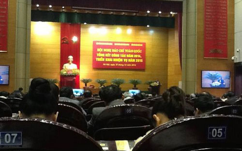 Quang cảnh hội nghị tổng kết công tác báo chí 2014, sáng 31/12.<br>