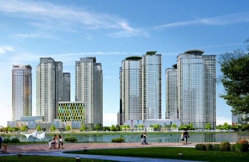 Phối cảnh tổng thể dự án Goldmark City, góc nhìn từ hồ điều hòa mặt tiền dự án.