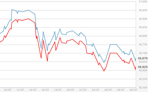 Diễn biến giá vàng SJC tại DOJI - Nguồn: DOJI.<br>