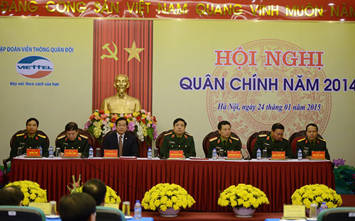 Hội nghị quân chính đánh giá kết quả thực hiện nhiệm vụ trong năm 2014 và phương hướng, nhiệm vụ năm 2015 của Viettel, sáng 24/1.<br>
