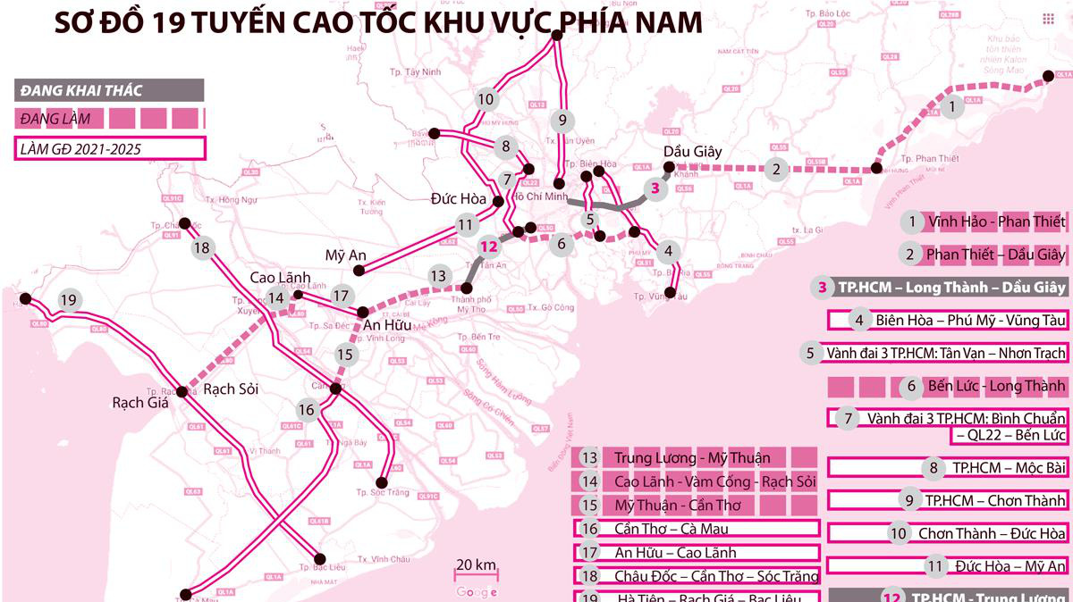 Sơ đồ 19 tuyến cao tốc của khu vực phía Nam.