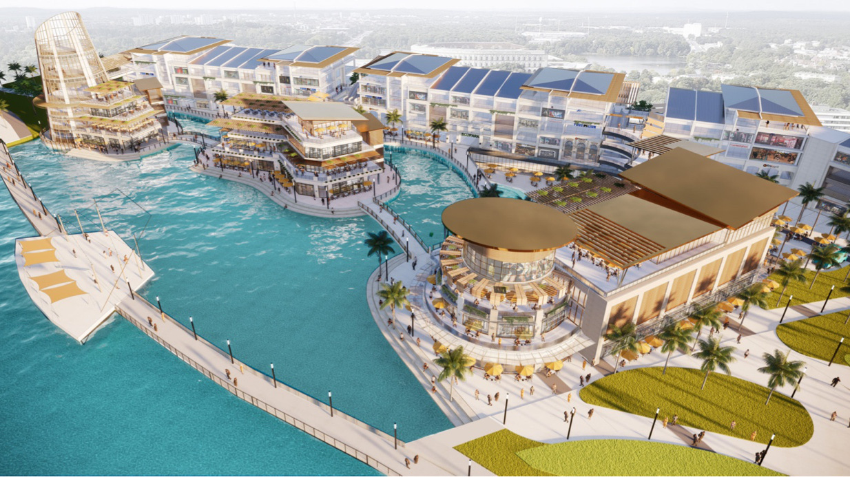 Điểm nhấn của tổ hợp giải trí và mua sắm là tổ hợp trung tâm thương mại được xây dựng trên mặt nước đầu tiên của Việt Nam.