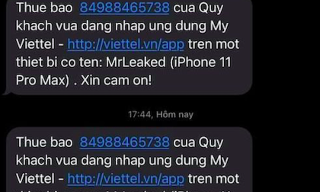 Nhiều người dùng Viettel nhận được tin nhắn từ MyViettel cho hay thuê bao của họ đã đăng nhập vào ứng dụng (MyViettel) từ thiết bị khác.