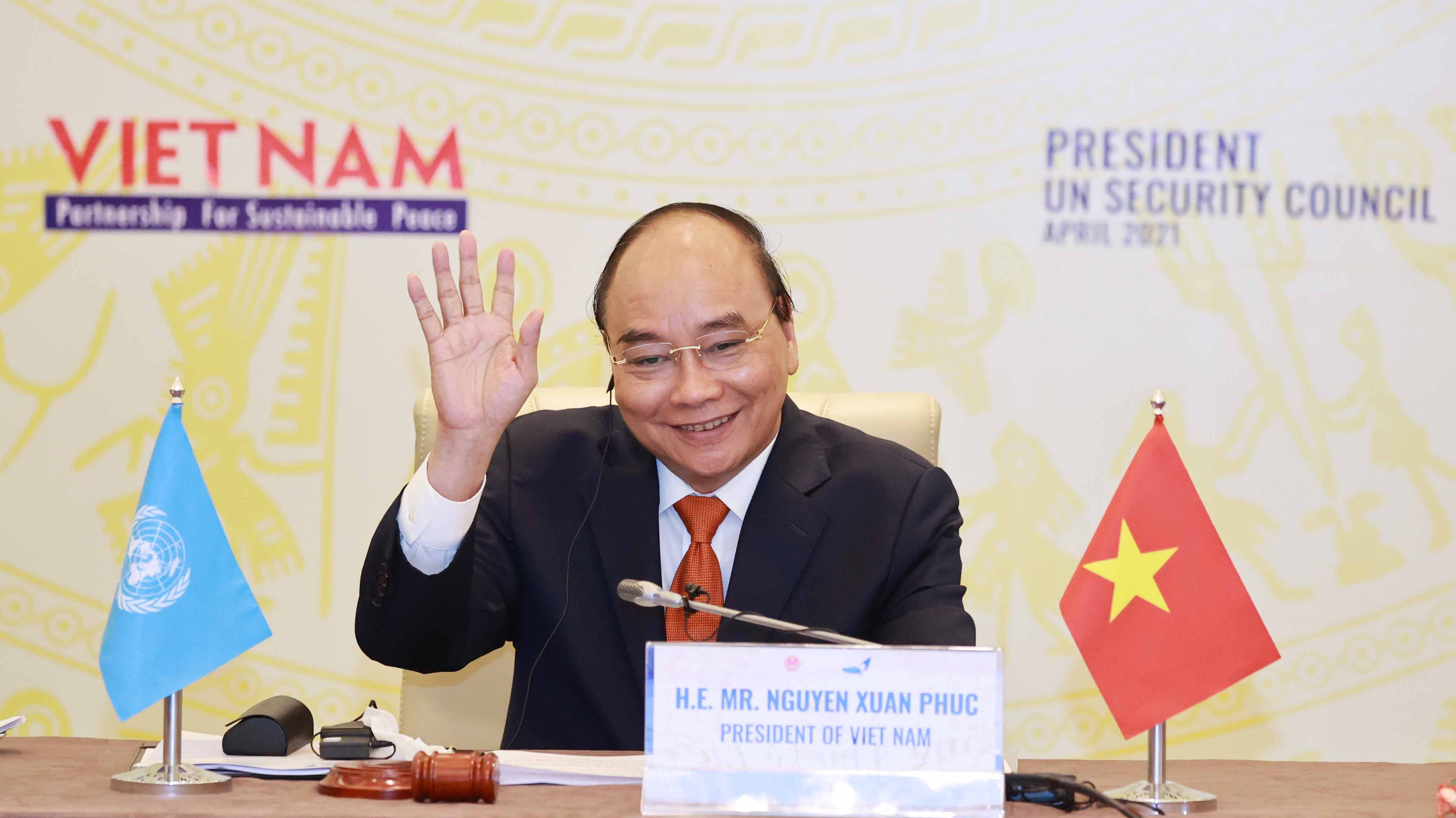 Chủ tịch nước Nguyễn Xuân Phúc chủ trì phiên thảo luận mở của Hội đồng Bảo an Liên Hợp Quốc ngày 19/4 - Ảnh: Bộ Ngoại giao