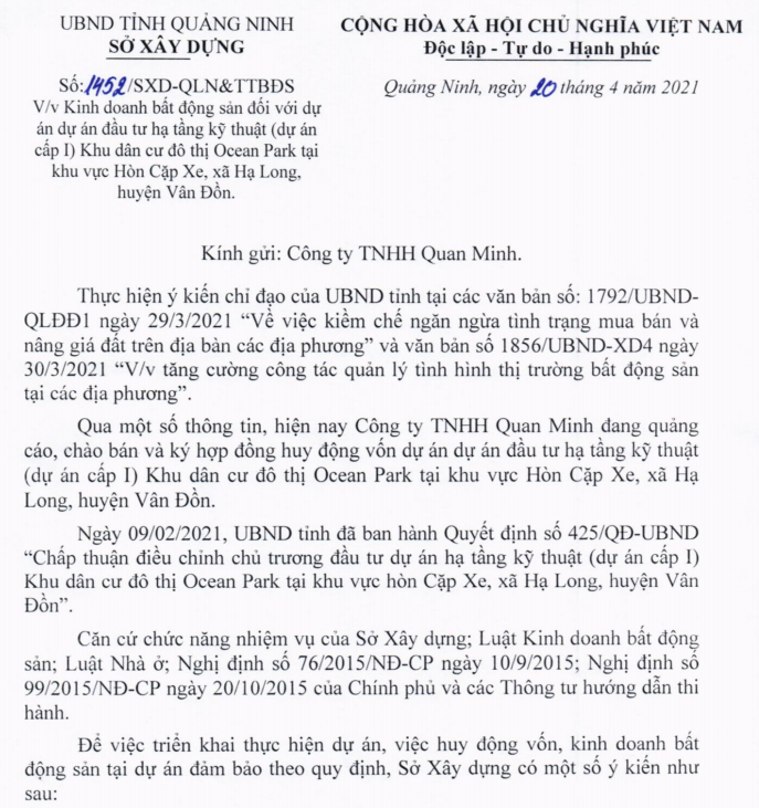 Một phần công văn của Sở Xây dựng Quảng Ninh.