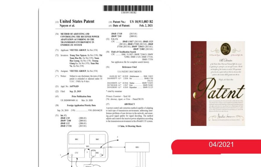 Bằng sáng chế bảo hộ độc quyền vừa được Cơ quan Quản lý sáng chế và nhãn hiệu Hoa Kỳ cấp