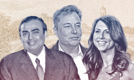 Từ trái sang phải: Tỷ phú Mukesh Ambani (Ấn Độ), Elon Musk (Mỹ) và MacKenzie Scott (Mỹ) - Ảnh: Forbes