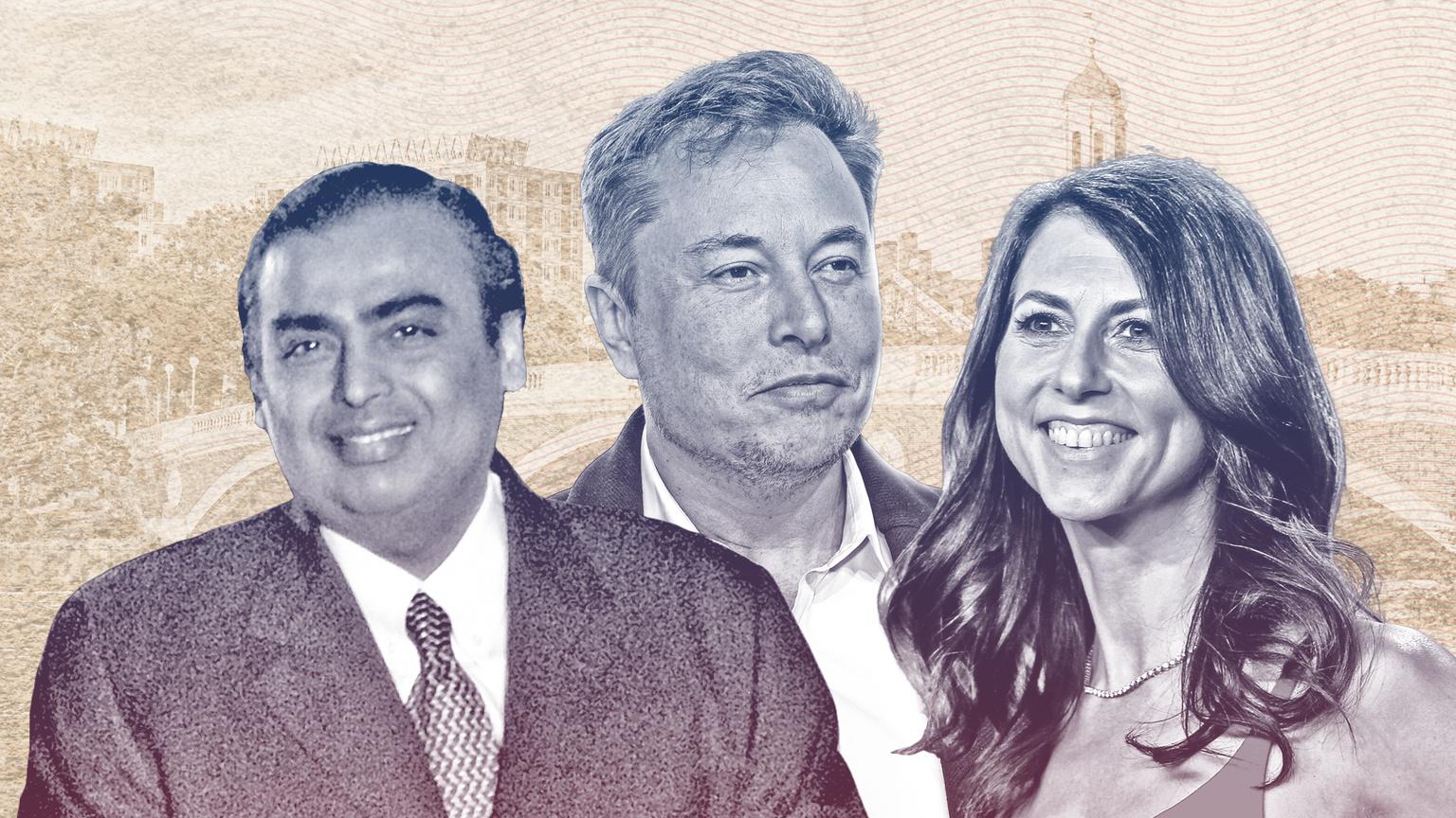 Từ trái sang phải: Tỷ phú Mukesh Ambani (Ấn Độ), Elon Musk (Mỹ) và MacKenzie Scott (Mỹ) - Ảnh: Forbes