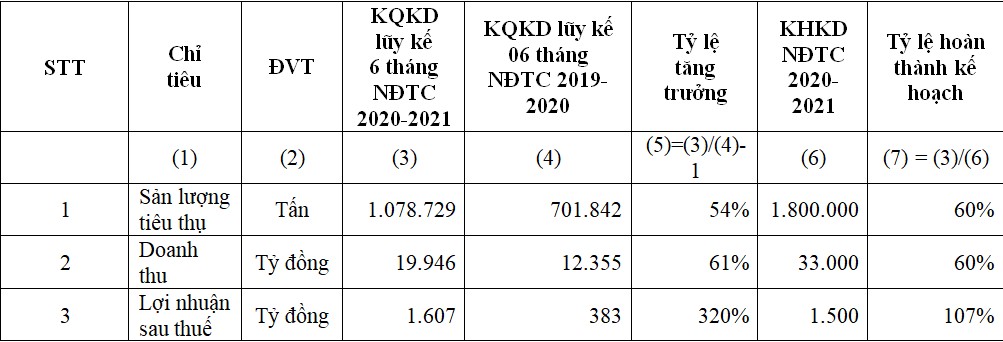 Kết quả kinh doanh hợp nhất lũy kế 6 th&aacute;ng đầu ni&ecirc;n độ t&agrave;i ch&iacute;nh 2020-2021.