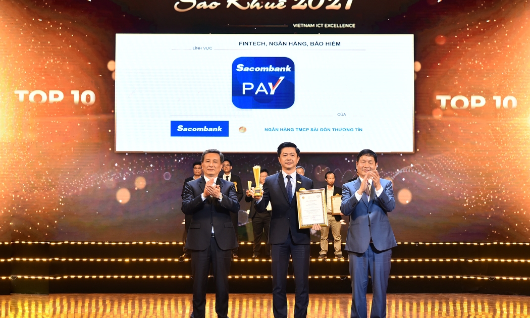 Ứng dụng Sacombank Pay là danh hiệu đặc biệt dành cho 10 sản phẩm, dịch vụ xuất sắc nhất của ngành phần mềm và dịch vụ công nghệ thông tin Việt Nam.