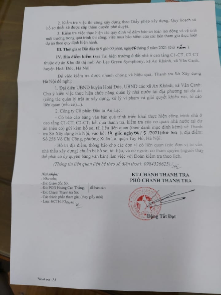 Văn bản thông báo sẽ kiểm tra hoạt động xây dựng công trình nhà ở cao tầng C1-CT, C2-CT thuộc dự án Khu đô thị mới An Lạc Green Symphony