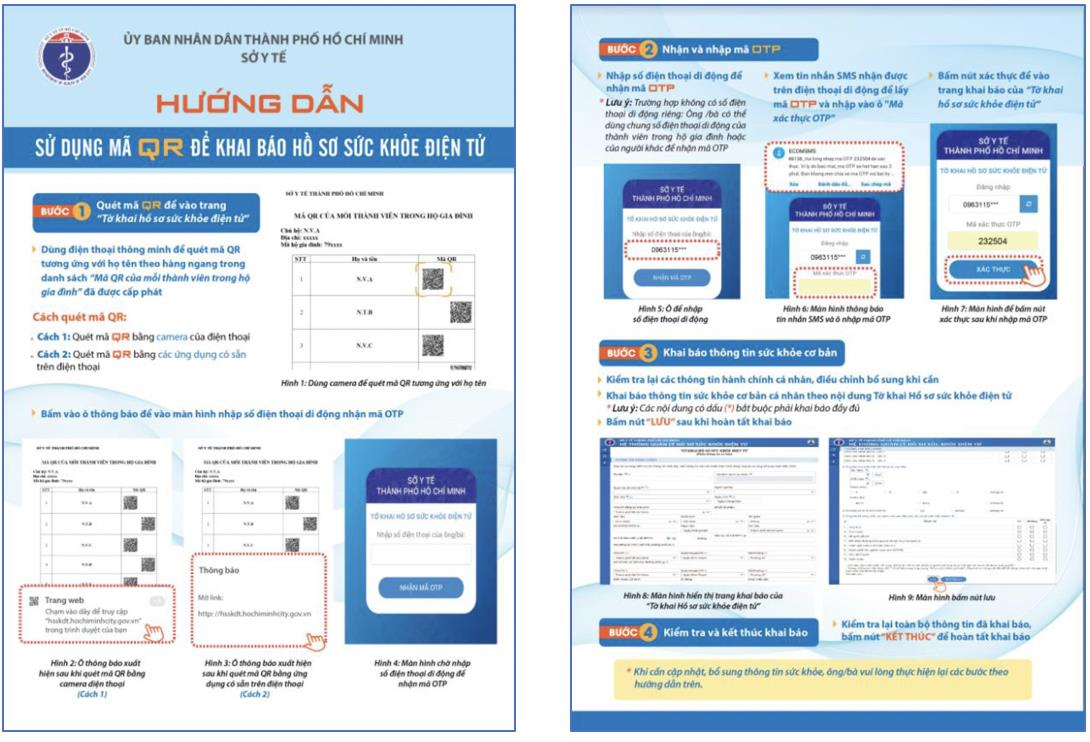 Tờ hướng dẫn khai báo Hồ sơ sức khoẻ điện tử do Sở Y tế Tp.HCM phát hành. Ảnh: Sở Y tế Tp.HCM