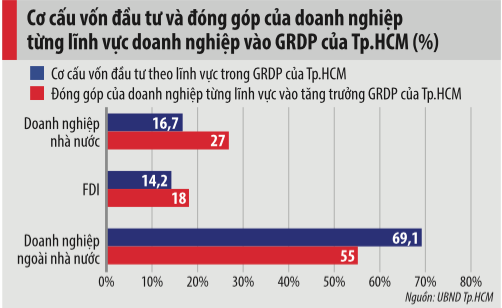 Cơ cấu vốn đầu tư và đóng góp của doanh nghiệp từng lĩnh vực vào GRDP của Tp.HCM