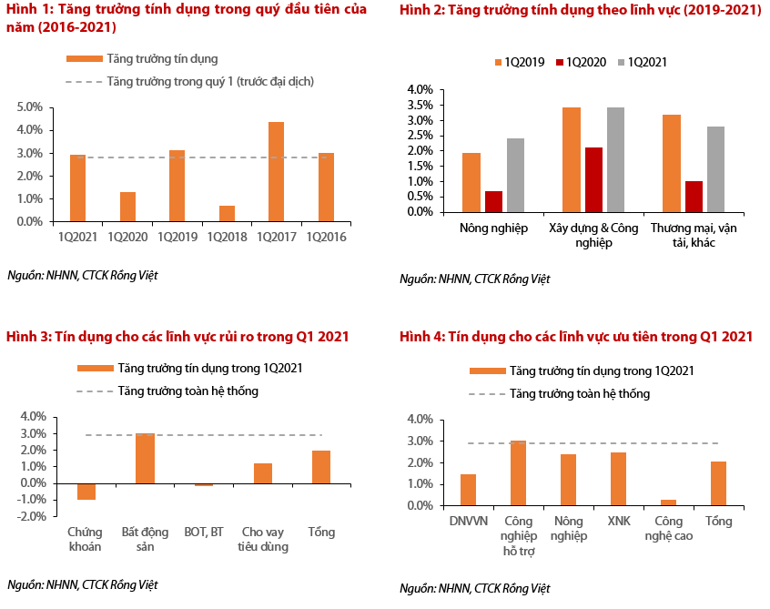 Thống k&ecirc; tăng trưởng t&iacute;n dụng theo qu&yacute;, theo lĩnh vực ưu ti&ecirc;n, lĩnh vực rủi ro (nguồn NHNN, VDSC).
