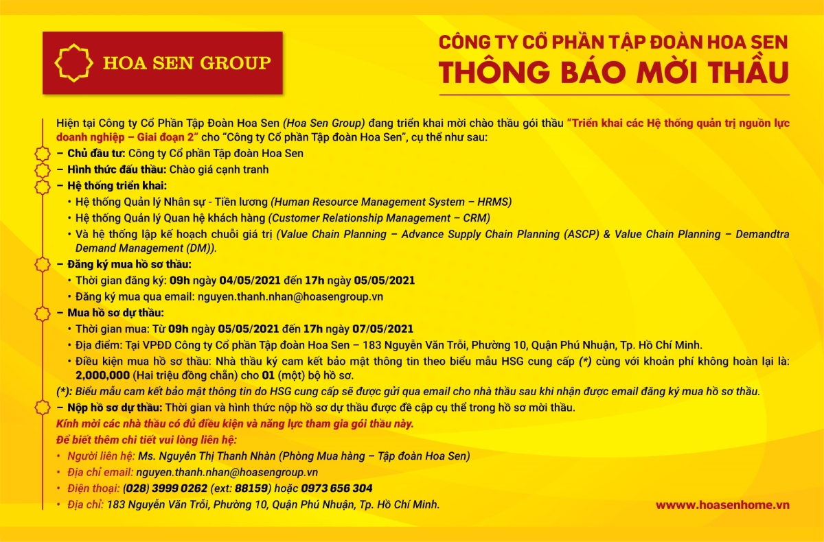 Th&ocirc;ng b&aacute;o mời thầu triển khai ERP giai đoạn 2 của Tập đo&agrave;n Hoa Sen.