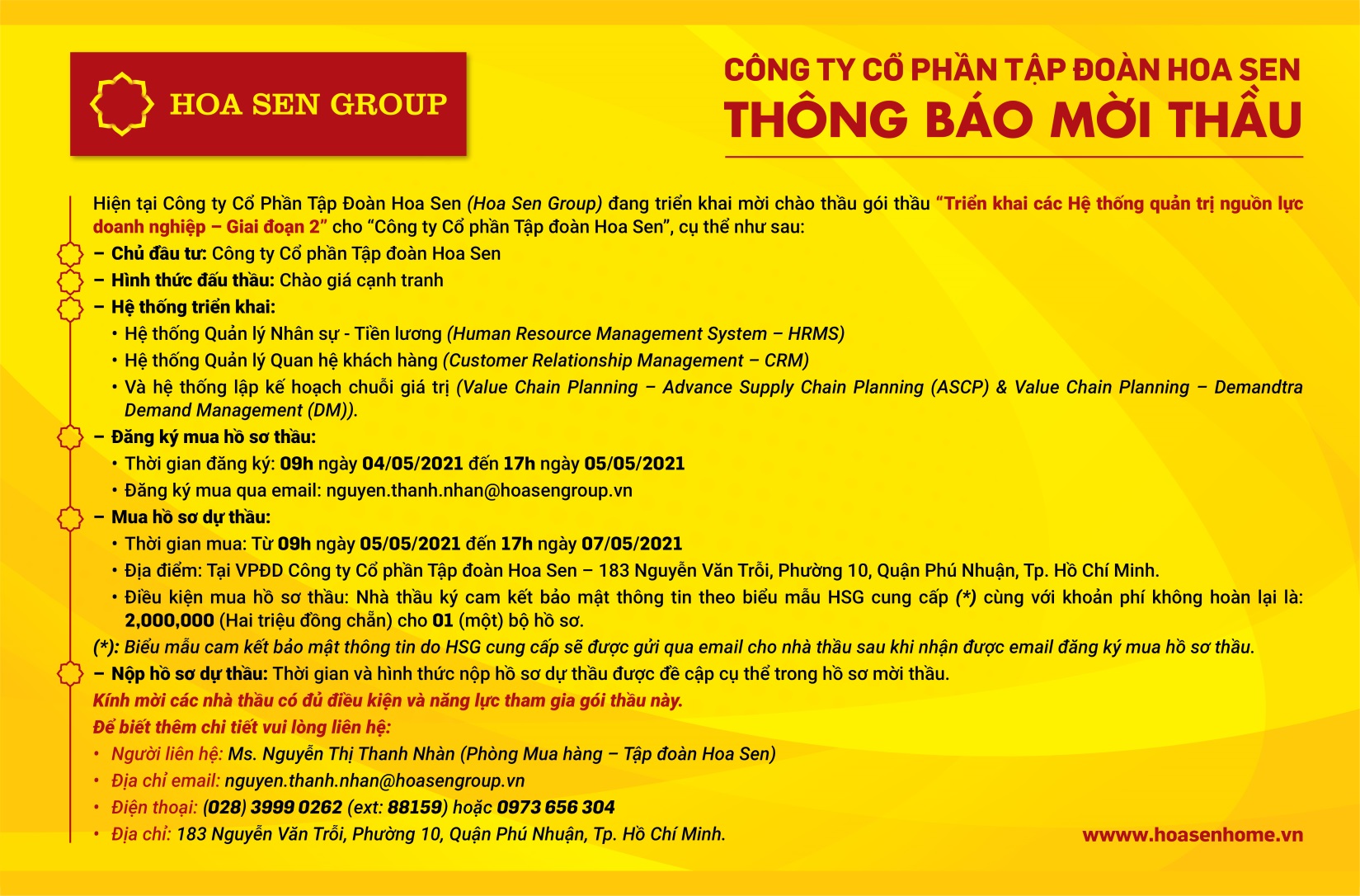 Thông báo mời thầu triển khai ERP giai đoạn 2 của Tập đoàn Hoa Sen.