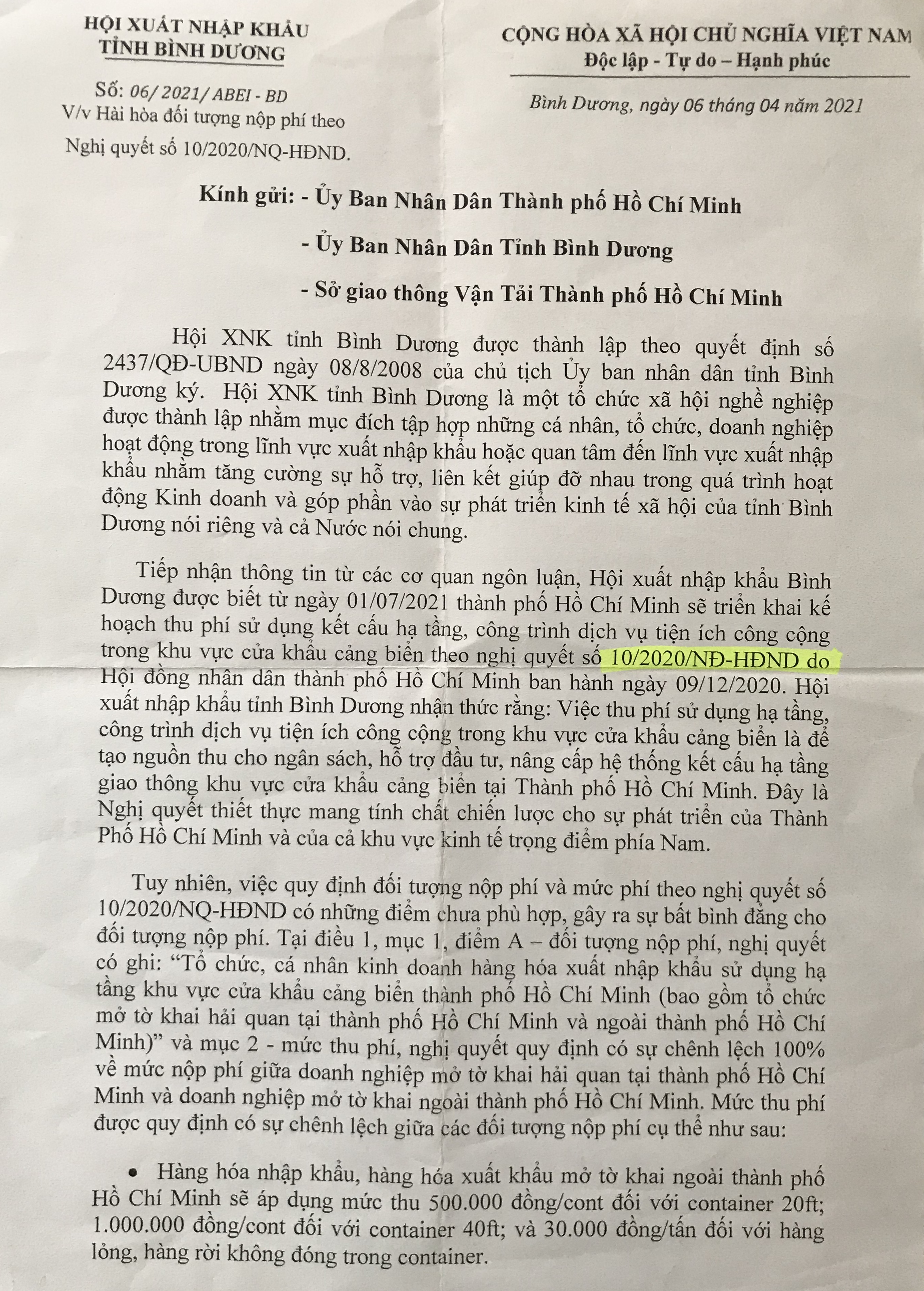 Văn bản của Hội Xuất Nhập Khẩu tỉnh B&igrave;nh Dương gửi c&aacute;c cơ quan chức năng về việc thu ph&iacute;&nbsp; hạ tầng cảng biển gấp đ&ocirc;i đối với doanh nghiệp&nbsp; XKN ngoại tỉnh.