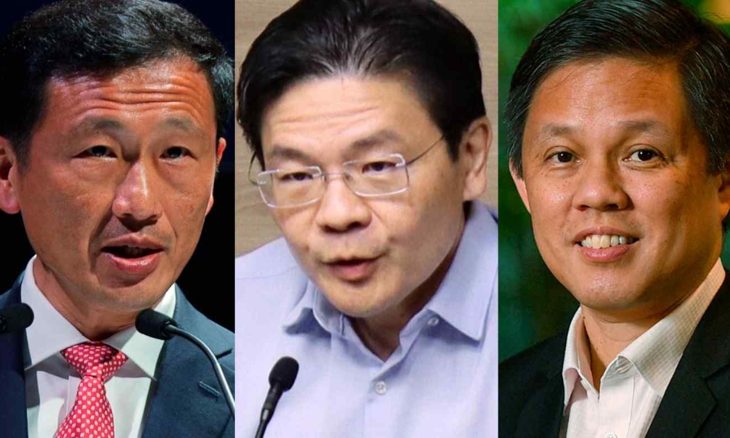 Từ trái qua: ông Ong Ye Kung, ông Lawrence Wong, và ông Chan Chun Sing - Ảnh: Nikkei.