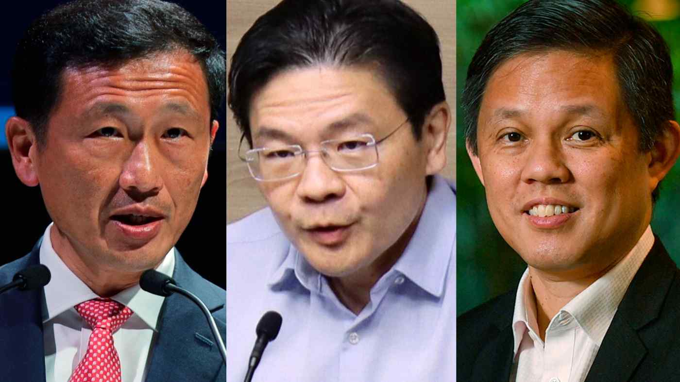 Từ trái qua: ông Ong Ye Kung, ông Lawrence Wong, và ông Chan Chun Sing - Ảnh: Nikkei.