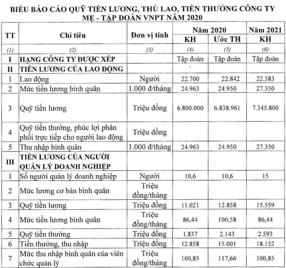 Báo cáo tiền lương, thưởng năm 2020 của Tập đoàn VNPT.