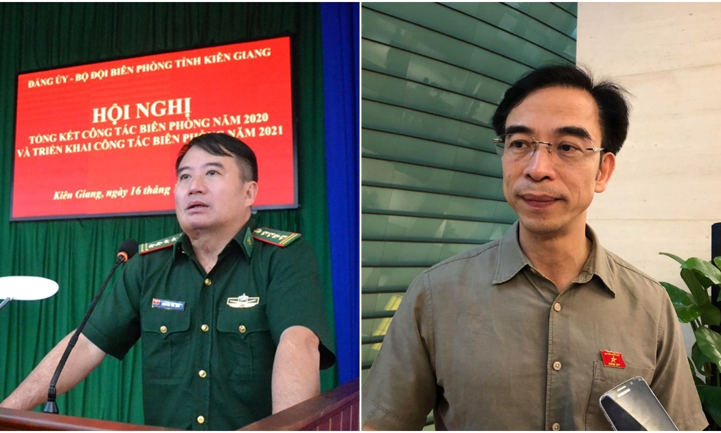 Ông Nguyễn Thế Anh, Chỉ huy trưởng Bộ Chỉ huy Bộ đội Biên phòng tỉnh Kiên Giang và ông Nguyễn Quang Tuấn, Giám đốc Bệnh viện Bạch Mai - Ảnh: TTXVN.