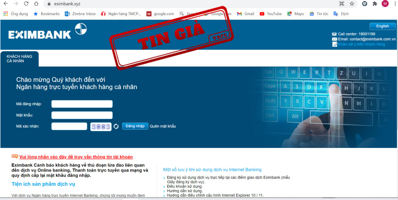 Một website giả mạo trang tin của Ngân hàng TMCP Xuất nhập khẩu Việt Nam (Eximbank).