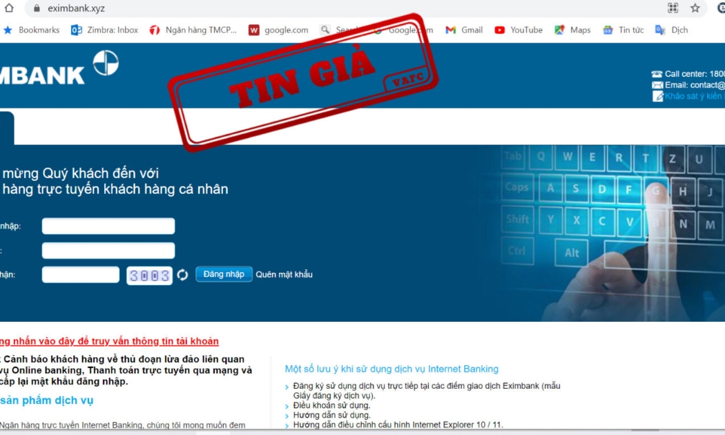 Một website giả mạo trang tin của Ngân hàng TMCP Xuất nhập khẩu Việt Nam (Eximbank).