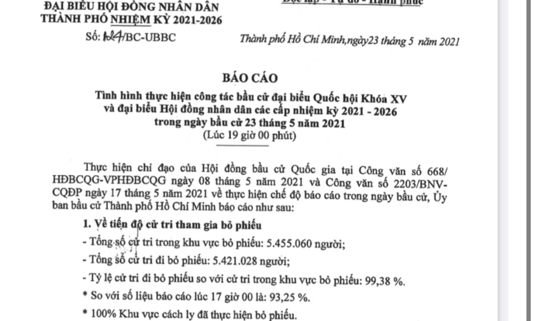Tỷ lệ người dân đi bầu cử tại Tp.HCM đạt 99,38%.