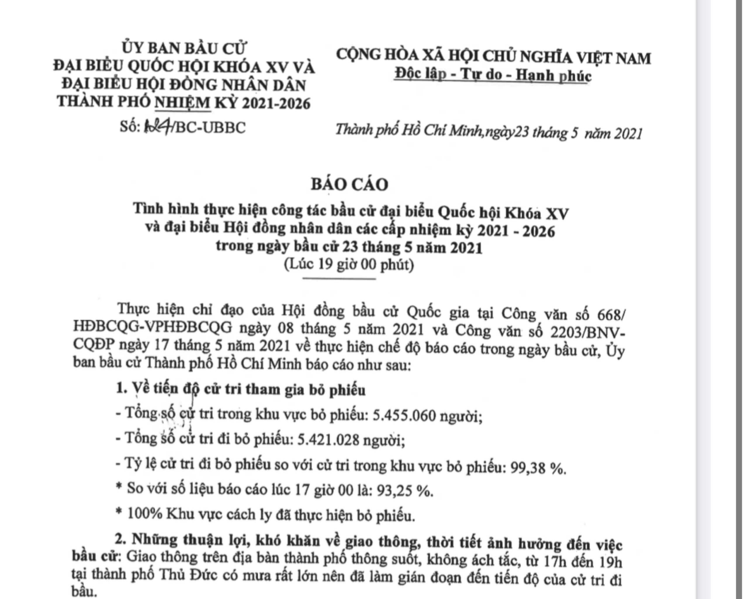 Tỷ lệ người dân đi bầu cử tại Tp.HCM đạt 99,38%.