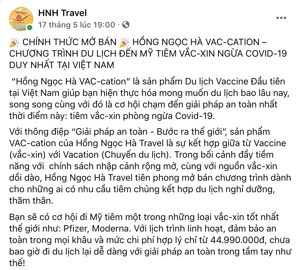 Quảng c&aacute;o tour du lịch ti&ecirc;m vaccine ở Mỹ của một c&ocirc;ng ty lữ h&agrave;nh tại Tp.HCM - Ảnh chụp m&agrave;n h&igrave;nh