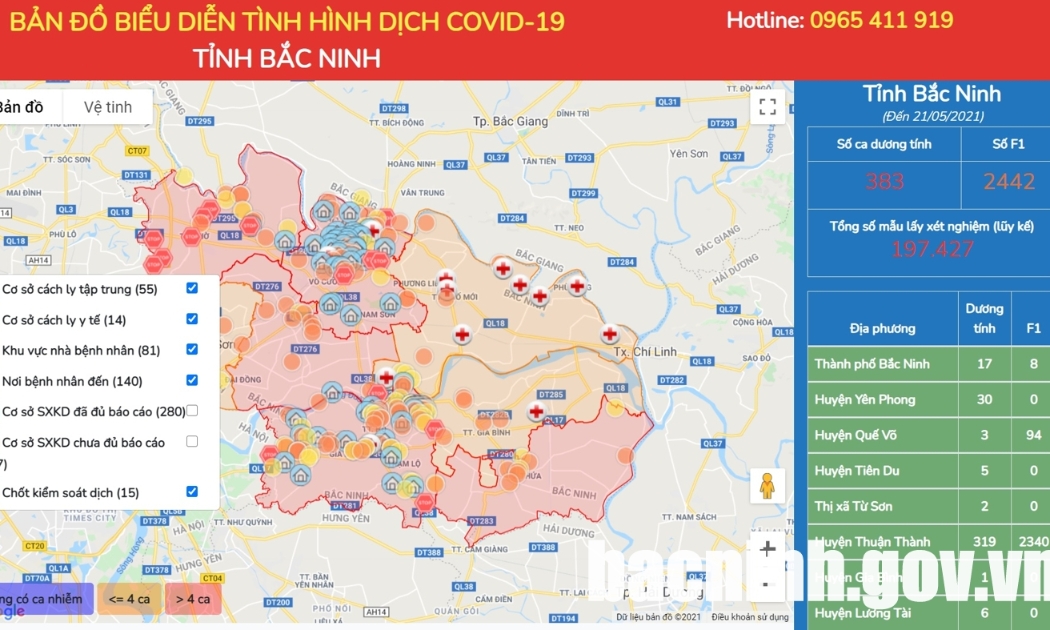 Bản đồ thông tin dịch tễ Covid-19 tỉnh Bắc Ninh