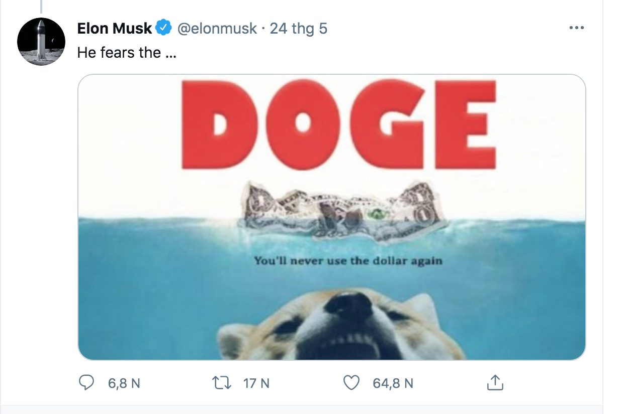 Đăng tải liên quan tới Dogecoin của Elon Musk mới đây - Ảnh: Twitter