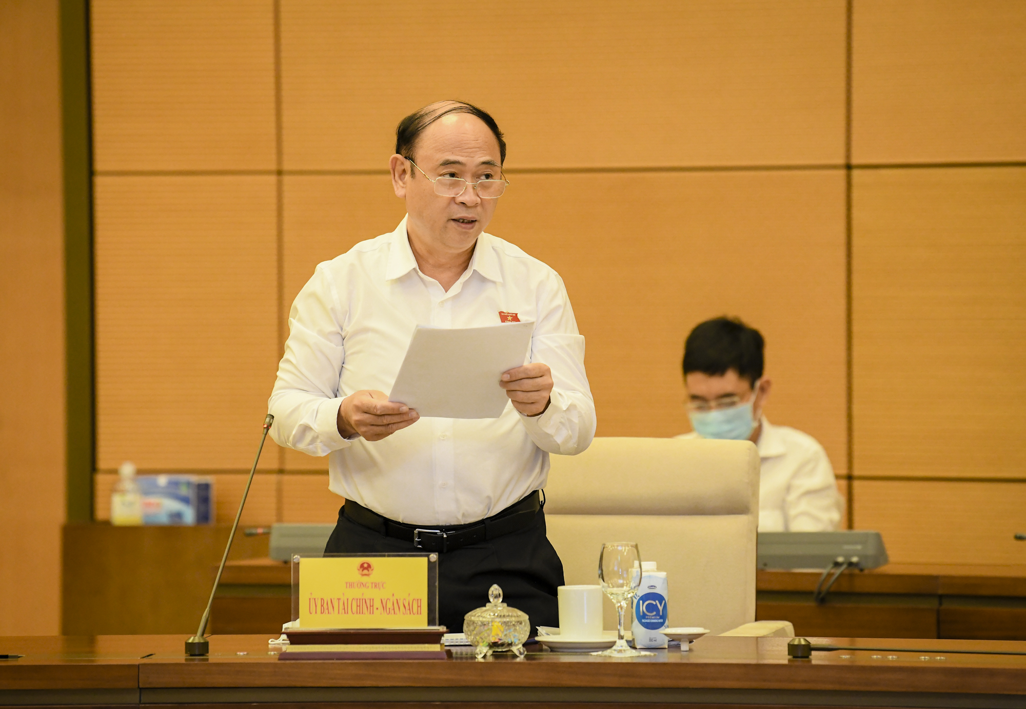 Phó Chủ nhiệm Ủy ban Tài chính – Ngân sách Bùi Đặng Dũng trình bày báo cáo thẩm tra - Ảnh: Quochoi.vn 