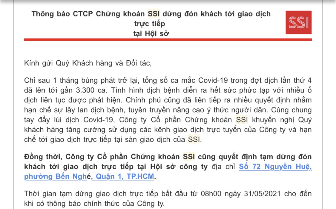 Th&ocirc;ng b&aacute;o của SSI gửi kh&aacute;ch h&agrave;ng chiều ng&agrave;y 28/5/2021.