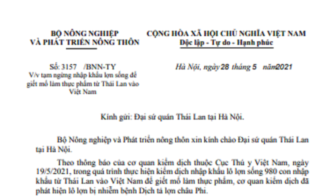Công văn dừng nhập khẩu lợn từ Thái Lan.
