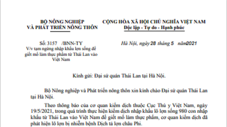 Công văn dừng nhập khẩu lợn từ Thái Lan.