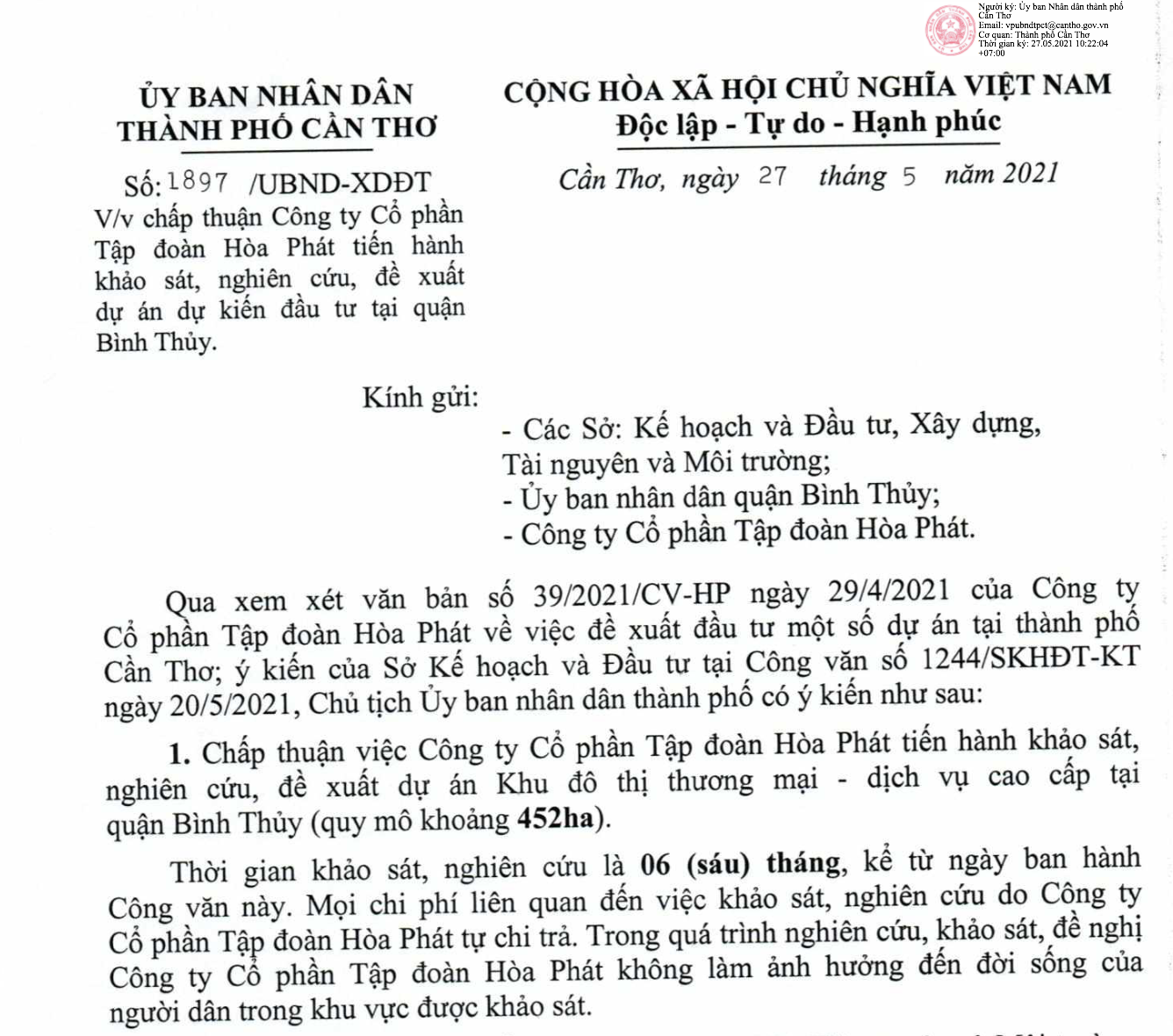 C&ocirc;ng văn 1897 kh&ocirc;ng phải văn bản chấp thuận chủ trương đầu tư dự&nbsp;&aacute;n hoặc c&ocirc;ng nhận chủ đầu tư dự&nbsp;&aacute;n. - Nguồn: UBND th&agrave;nh phố Cần Thơ.