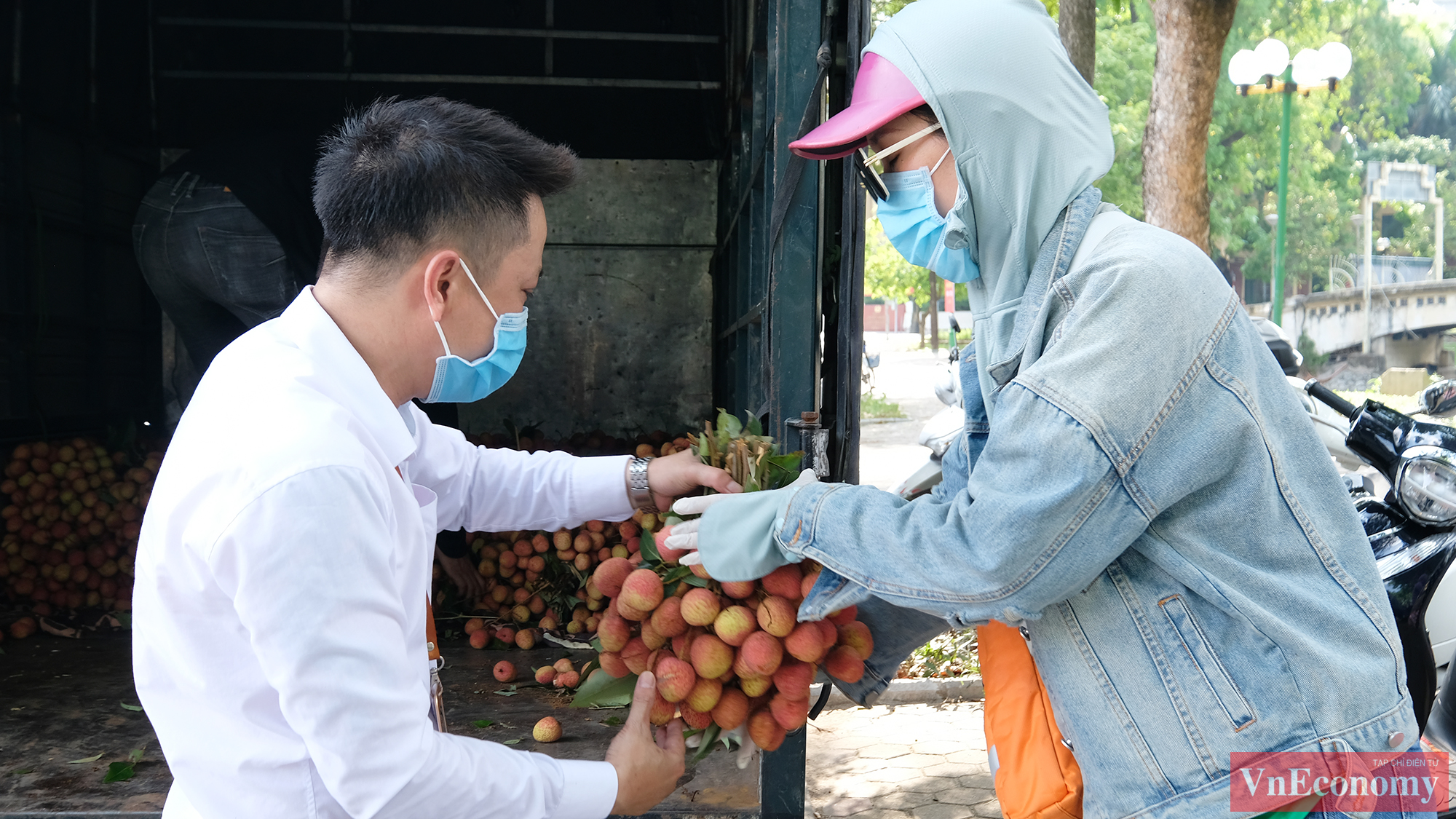 C&ugrave;ng l&uacute;c, một điểm b&aacute;n vải Bắc Giang kh&aacute;c cũng được triển khai trước cổng C&ocirc;ng vi&ecirc;n Thống Nhất (H&agrave; Nội).