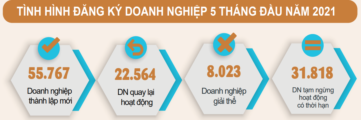 T&igrave;nh h&igrave;nh đăng k&yacute; doanh nghiệp 5 th&aacute;ng đầu năm 2021. Nguồn: Tổng cục Thống k&ecirc;.
