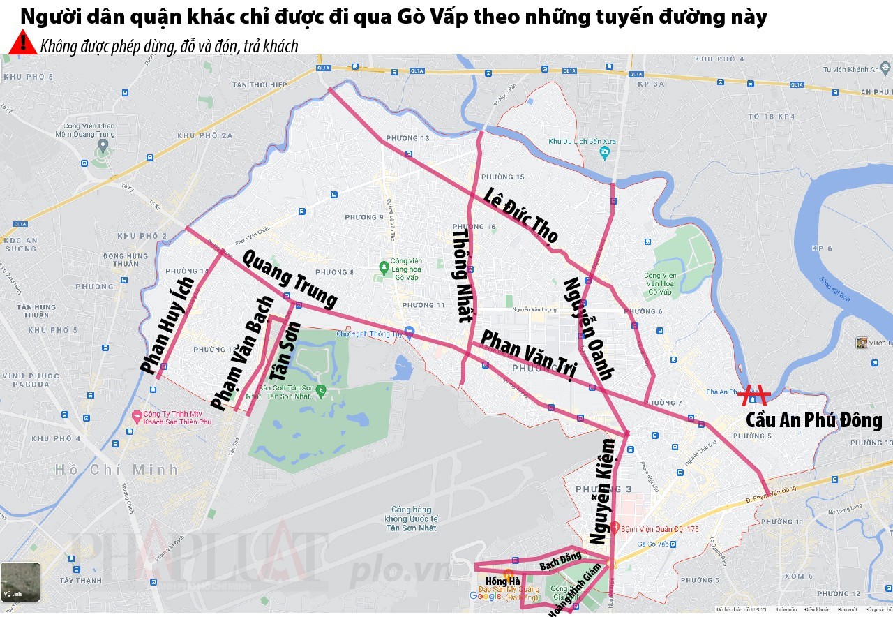 Bản đồ hướng dẫn các tuyến đường được di chuyển qua quận Gò Vấp.