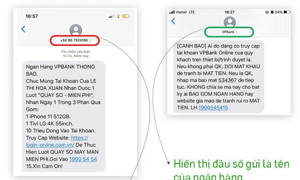 Kẻ gian gửi SMS giả mạo VPBank thông báo trúng thưởng và link truy cập giả mạo.