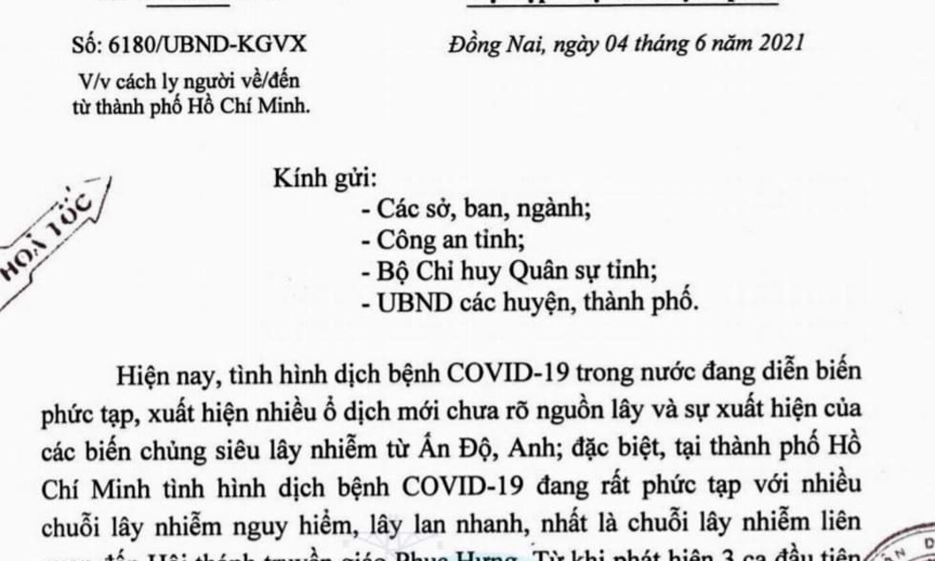 Văn bản hỏa tốc vừa được Ủy ban nhân dân tỉnh Đồng Nai ban hành để phòng, chống và ngăn ngừa dịch bệnh xâm nhập vào địa phương này.