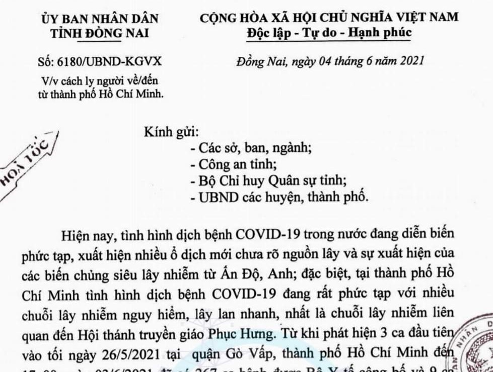 Văn bản hỏa tốc vừa được Ủy ban nhân dân tỉnh Đồng Nai ban hành để phòng, chống và ngăn ngừa dịch bệnh xâm nhập vào địa phương này.