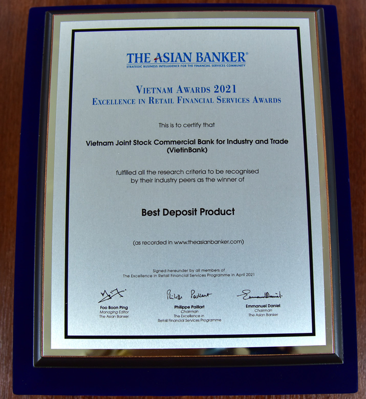 Bằng chứng nhận &ldquo;Sản phẩm tiền gửi tốt nhất&rdquo; của VietinBank.