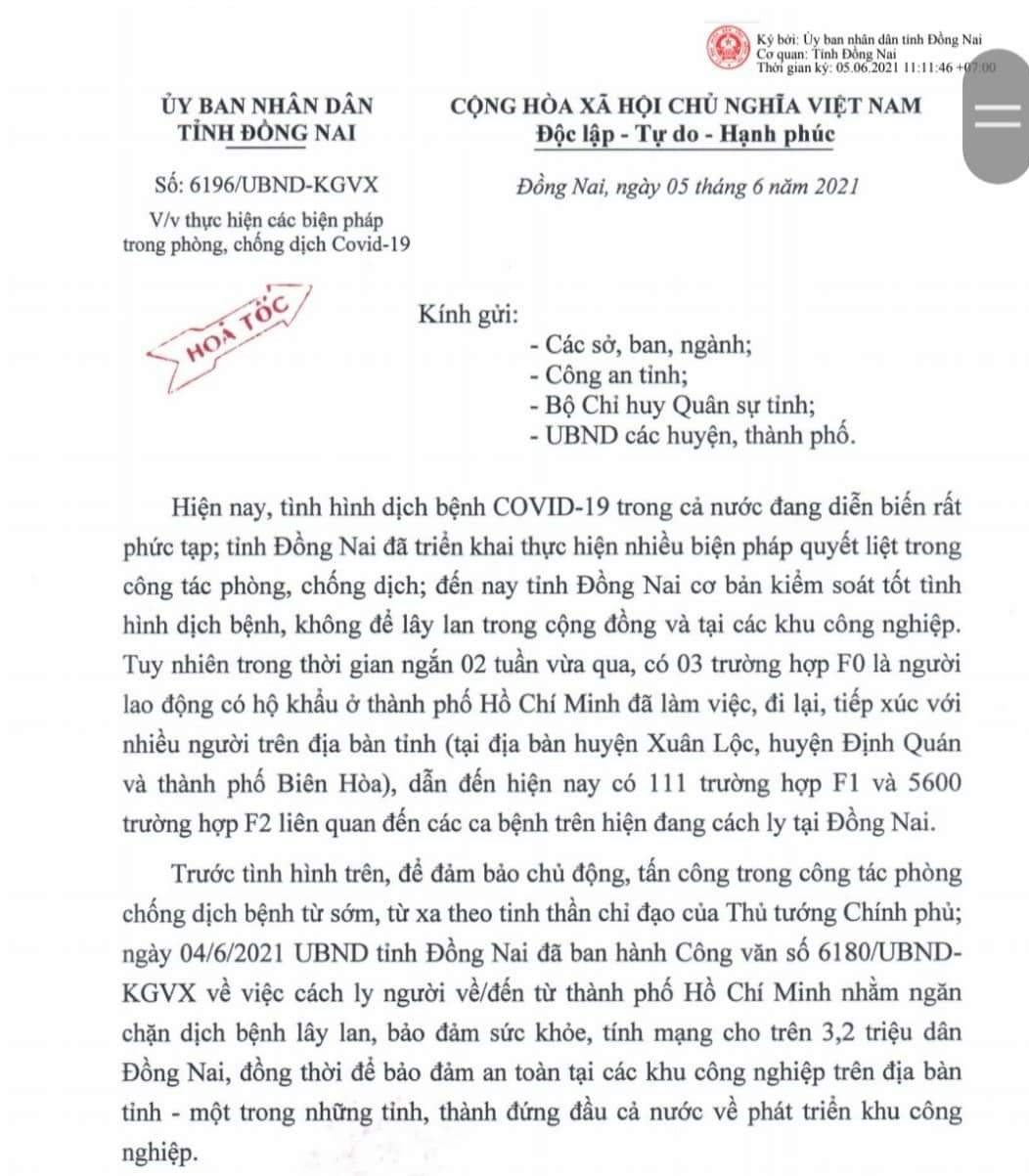 Công văn ngày 5/6 của Ủy ban nhân dân tỉnh Đồng Nai đã nới lỏng hơn quy định đi lại giữa TP.HCM và Đồng Nai. 