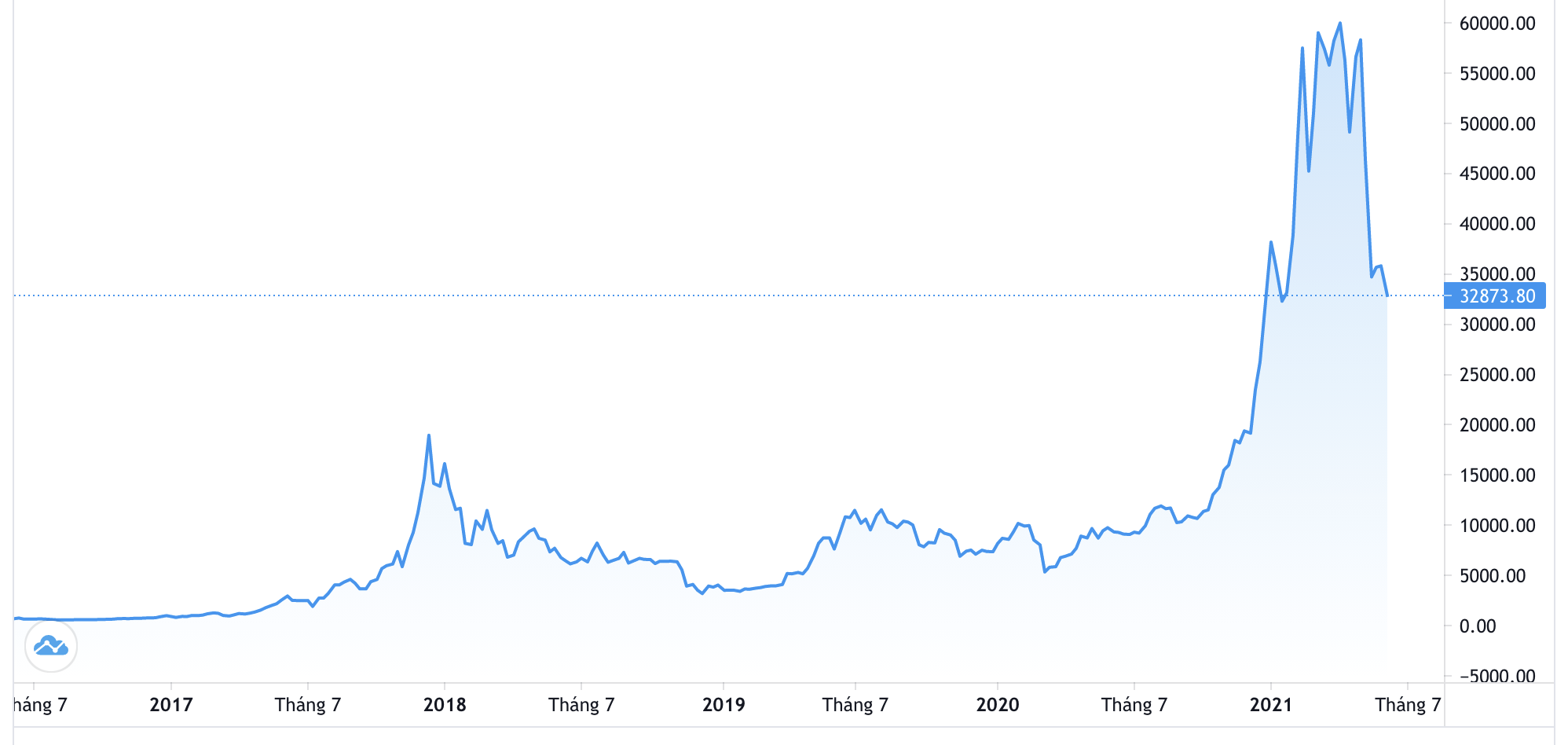 Diễn biến gi&aacute; Bitcoin 5 năm qua - Nguồn: Trading View.