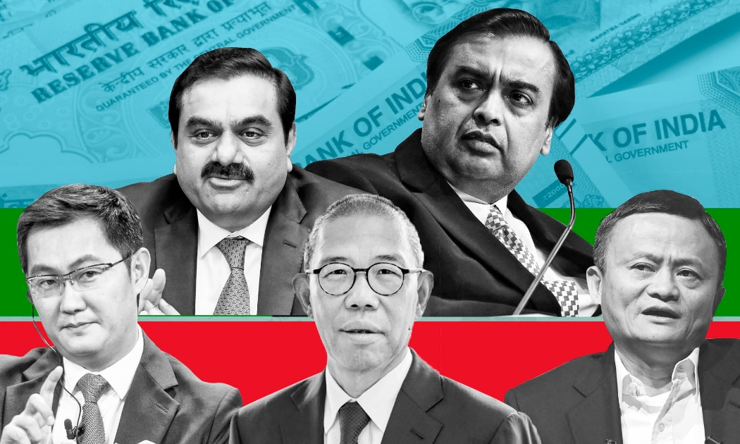 Hàng trên (từ trái qua): Gautam Adani và Mukesh Ambani. Hàng dưới (từ trái qua): Ma Huateng, Zhong Shanshan, và Jack Ma - Ảnh: FT.