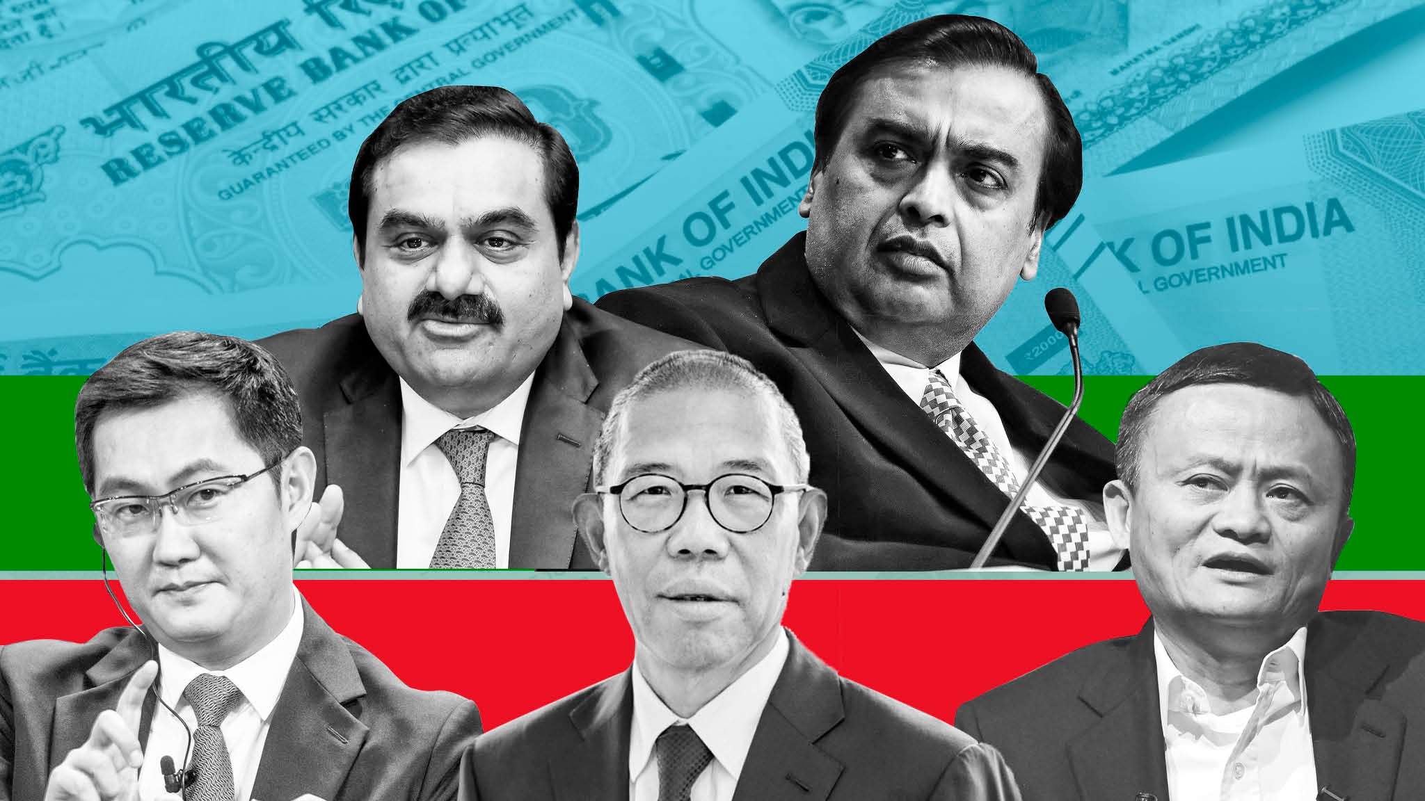  Hàng trên (từ trái qua): Gautam Adani và Mukesh Ambani. Hàng dưới (từ trái qua): Ma Huateng, Zhong Shanshan, và Jack Ma - Ảnh: FT.