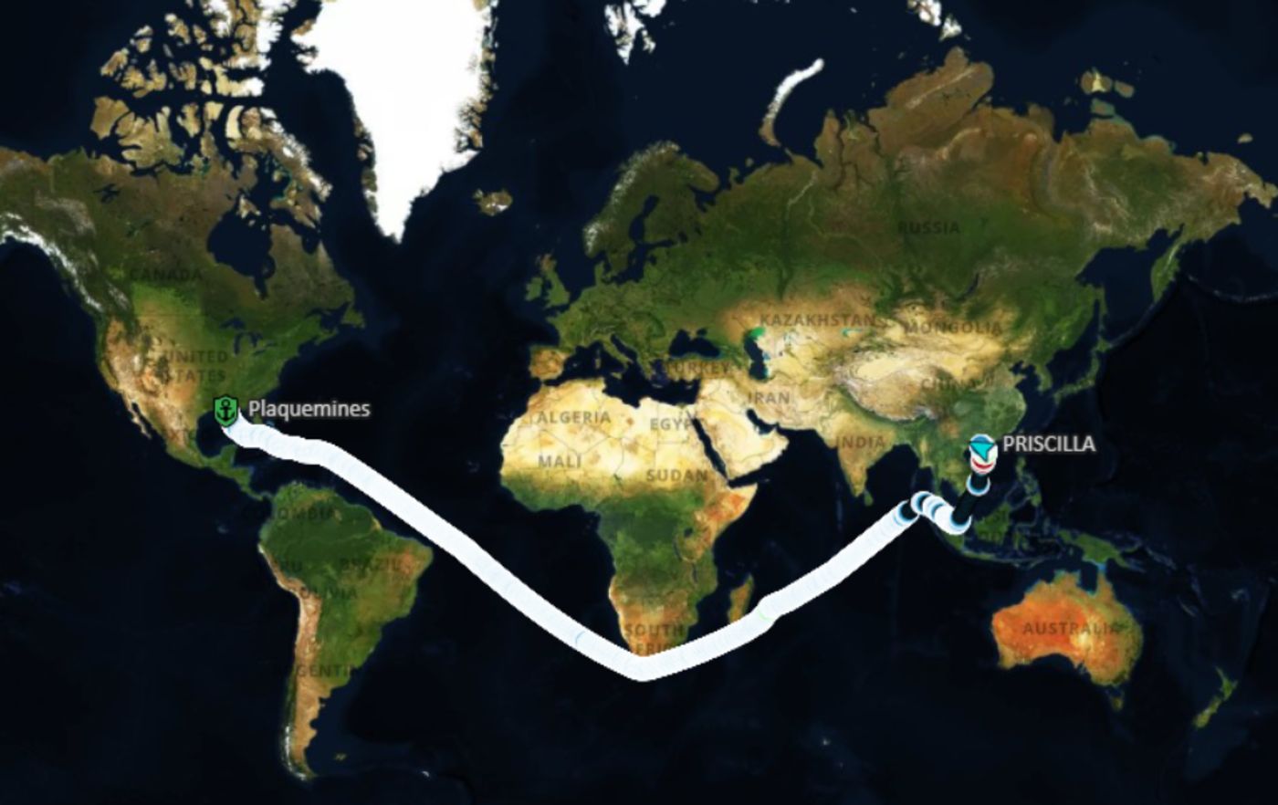 H&agrave;nh tr&igrave;nh từ Mỹ về cảng Trạng Giang ở Quảng Đ&ocirc;ng, Trung Quốc của t&agrave;u Priscilla chở 71.400 tấn ng&ocirc; - Nguồn: Bloomberg.