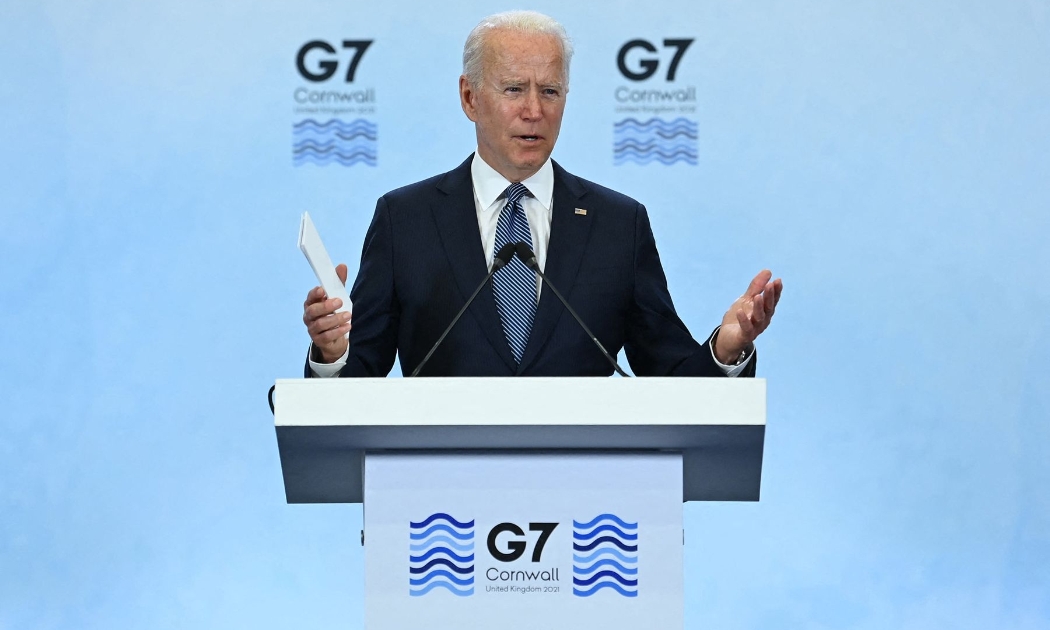 Tổng thống Mỹ Joe Biden phát biển tại ngày cuối của hội nghị thượng đỉnh G7 ở Cornwall, Anh, ngày 13/6 - Ảnh: Getty/Bloomberg.